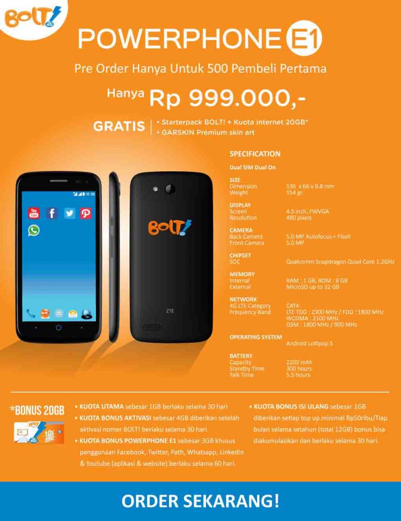 Bolt Hadirkan Powerphone E1 ZTE Blade Q Lux Harga 1 jutaan 