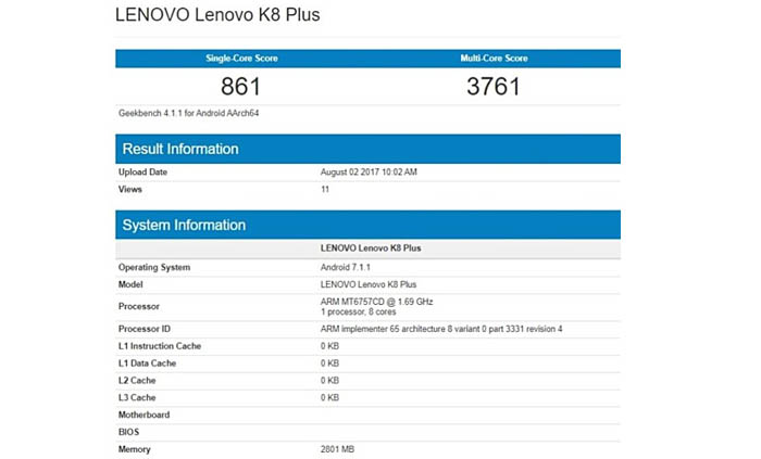 Lenovo K8 Plus Geekbench