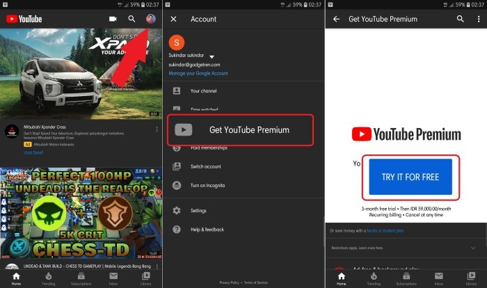 Cara Berlangganan YouTube Premium - Aplikasi Seluler