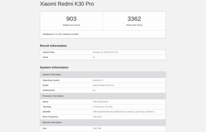 Geekbench Redmi K30 Pro