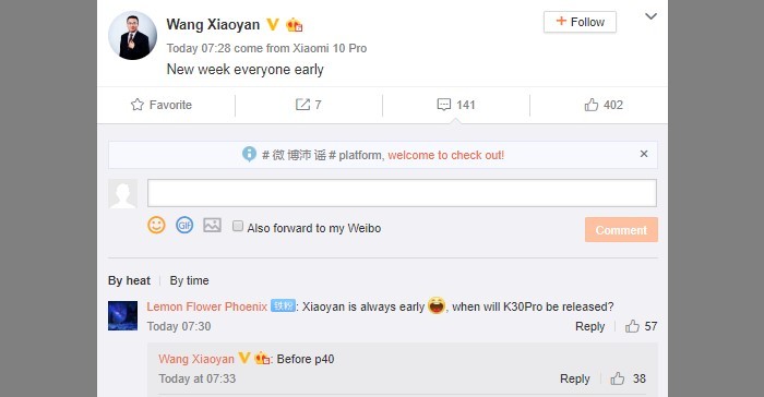 Waktu Peluncuran Redmi K30 Pro Weibo