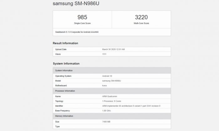 Benchmark Samsung Galaxy Note 20+ Geekbench Header