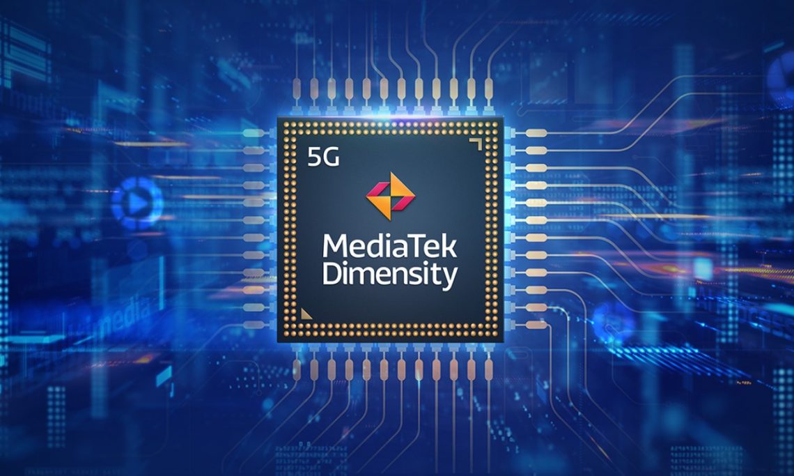  A blue background with a close-up of the MediaTek Dimensity 6300 chipset, a 5G modem with integrated AI processing unit (APU).