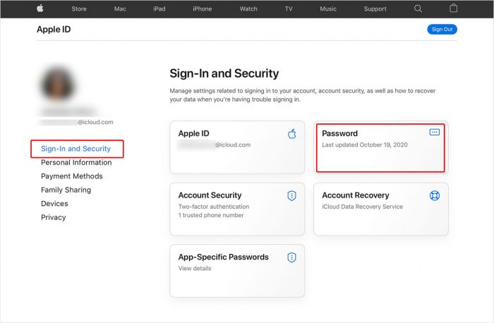 iCloud Change Password Web