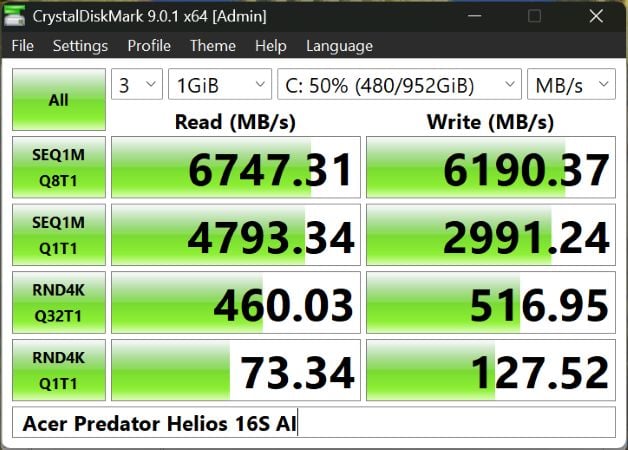 Review Acer Predator Helios Neo 16S AI Crystal Disk Mark