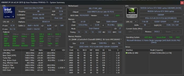 Review Acer Predator Helios Neo 16S AI HWiNFO