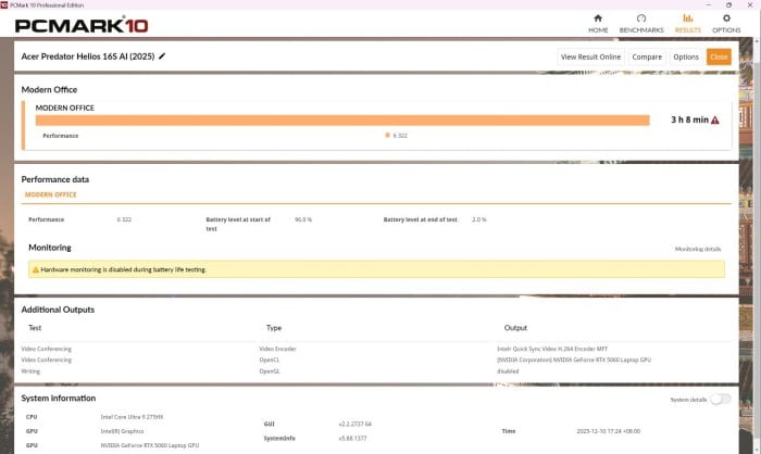 Review Acer Predator Helios Neo 16S AI PCMark 10 Baterai